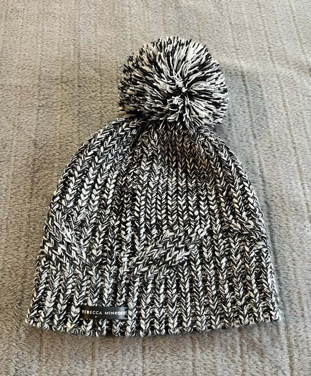 Rebecca Minkoff Pom Pom Beanie Hat Black White Marled Knit